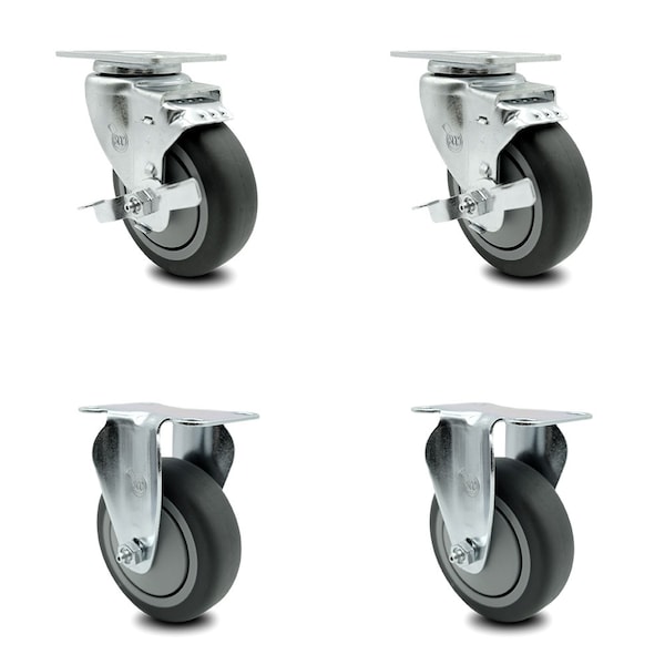 4 Inch Thermoplastic Rubber Swivel Top Plate Caster Set with 2 Brake 2 Rigid SCC